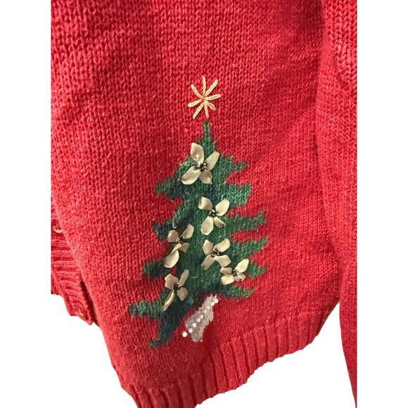 VTG Christmas Sweater Womens M 10 12 Cardigan Cozy Cabin Tree Embroidered red - Picture 7 of 8
